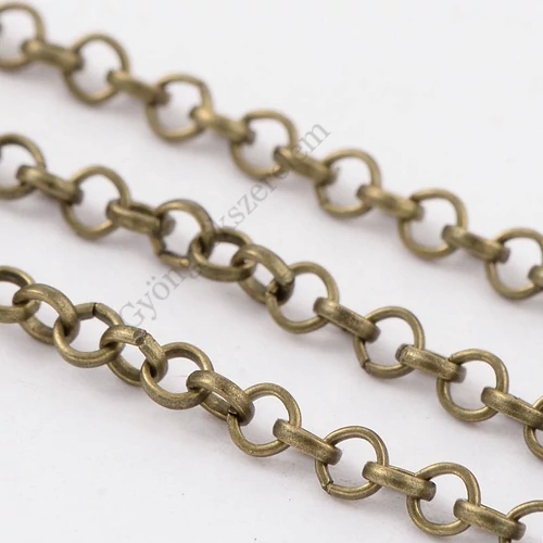Lánc, kerek szemű, antik bronz színű, 3 mm szemméret, 50 cm