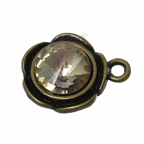 Pezsgő színű strasszköves virág, rózsa fityegő, medál, antik bronz színű, 19x16 mm