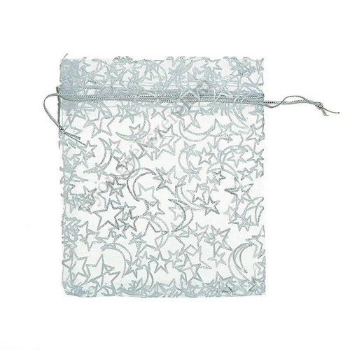 Ezüst csillag, hold mintás fehér organza tasak, 15x12 cm