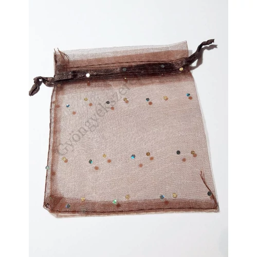 Csillámos, barna színű organza tasak, zacskó, 12x9,5 cm
