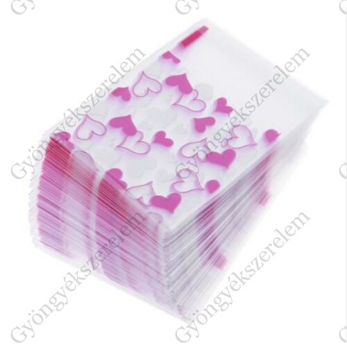 Rózsaszín és fehér szív mintás celofán tasak, ajándék zacskó, 9,5x7 cm