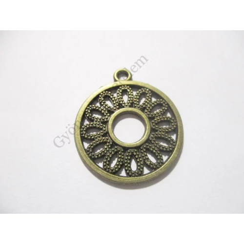 Kerek fityegő, medál, antik bronz színű, 24x21 mm