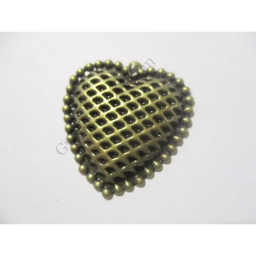 Domború szív fityegő, medál, antik bronz színű, 27x28 mm