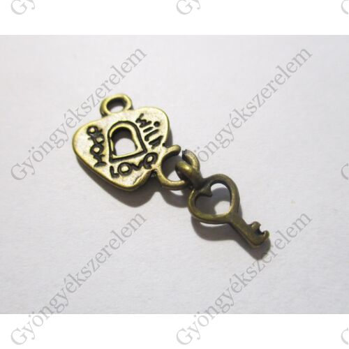 Made with love feliratos szív, lakat, kulcs fityegő, medál, antik bronz színű, 12x14+9 mm