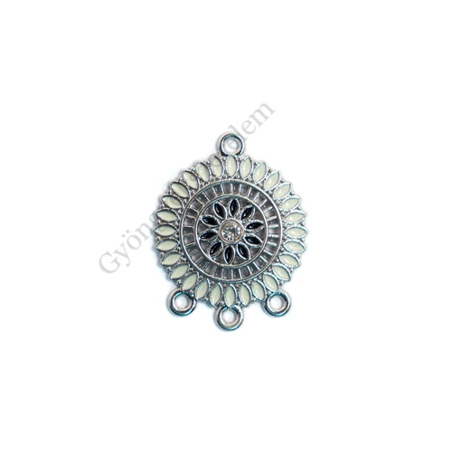 Kerek, fehér összekötő, fülbevalóalap, medálalap, antik ezüst színű, 28x22 mm