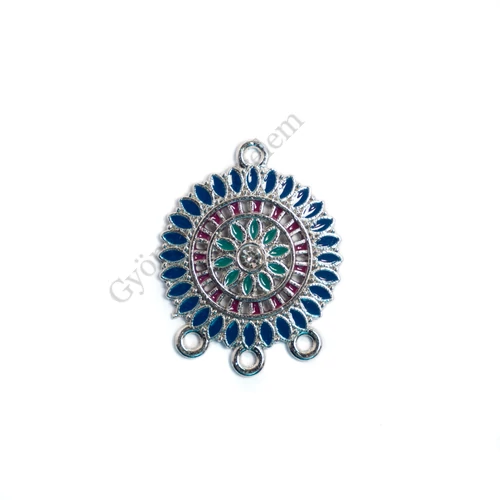 Kerek, kék összekötő, fülbevalóalap, medálalap, antik ezüst színű, 28x22 mm