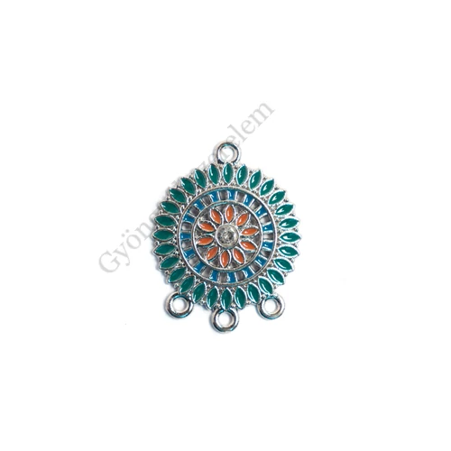 Kerek, zöld összekötő, fülbevalóalap, medálalap, antik ezüst színű, 28x22 mm