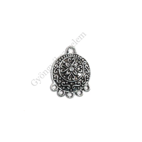 Kerek összekötő, fülbevalóalap, medálalap, antik ezüst színű, 26x21 mm