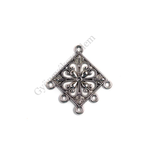 Négyzet összekötő, fülbevalóalap, medálalap, antik ezüst színű, 35x34 mm