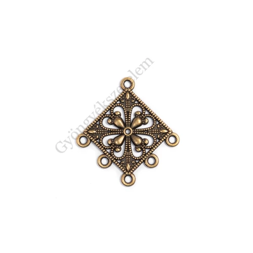 Négyzet összekötő, fülbevalóalap, medálalap, antik bronz színű, 35x34 mm