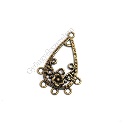 Virágos csepp összekötő, fülbevalóalap, medálalap, antik bronz színű, 40x27 mm
