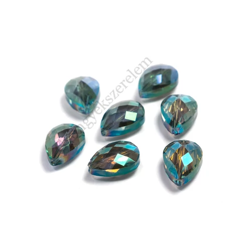 Lila, kék, zöld csiszolt csepp üveg gyöngy, 18x13x9 mm