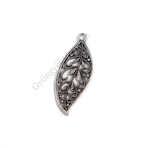 Levél fityegő, medál, antik ezüst színű, 43x17 mm