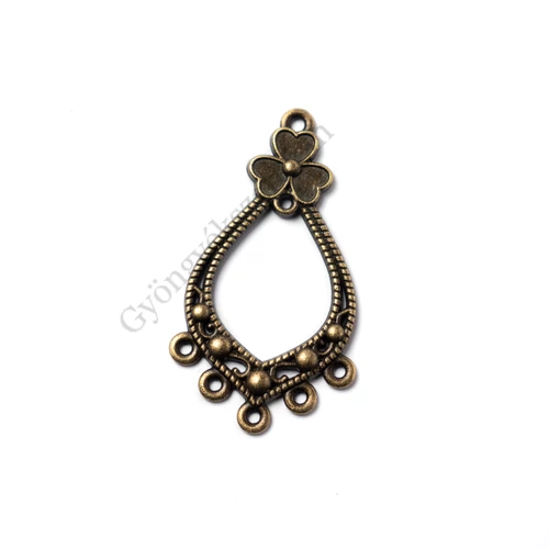 Virágos csepp összekötő, fülbevalóalap, medál, antik bronz színű, 42x23 mm