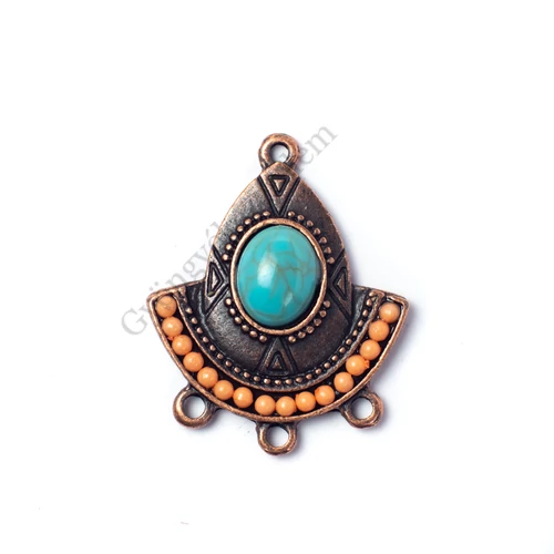 Fülbevalóalap, medálalap, összekötő, imitált türkiz kabosonnal, vörösréz színű, 31x25 mm