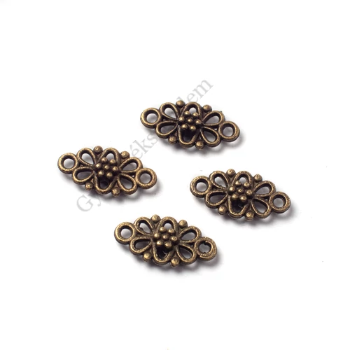 Virágos medálalap, fülbevalóalap, összekötő, antik bronz színű, 16x9 mm