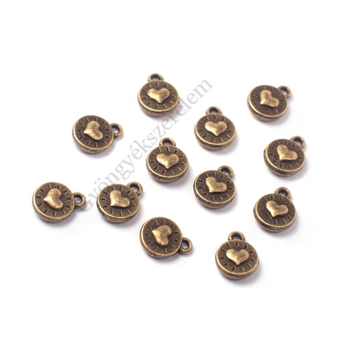 Szív fityegő, medál, antik bronz színű, 10x8 mm