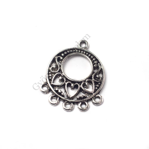 Szív mintás összekötő, fülbevalóalap, medálalap, antik ezüst színű, 24x20 mm