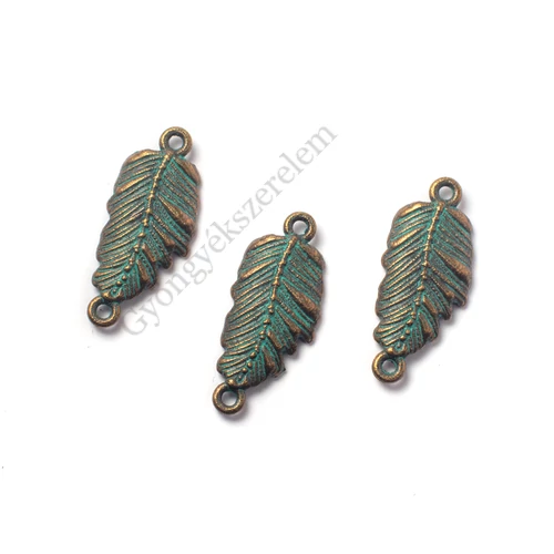 Levél összekötő, fülbevalóalap, medálalap, patina bronz színű, 23x10 mm