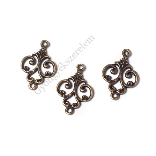 Díszes összekötő, fülbevalóalap, medálalap, antik bronz színű, 19x13 mm