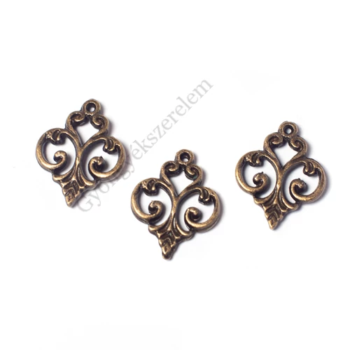 Díszes fityegő, medál, antik bronz színű, 16x13 mm