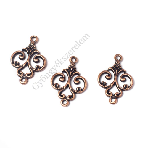 Díszes összekötő, fülbevalóalap, medálalap, vörösréz színű, 19x13 mm