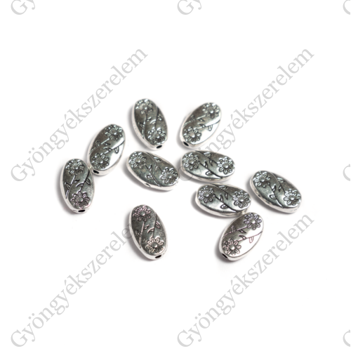 Virágos ovális köztes gyöngy, antik ezüst színű, 11x6 mm