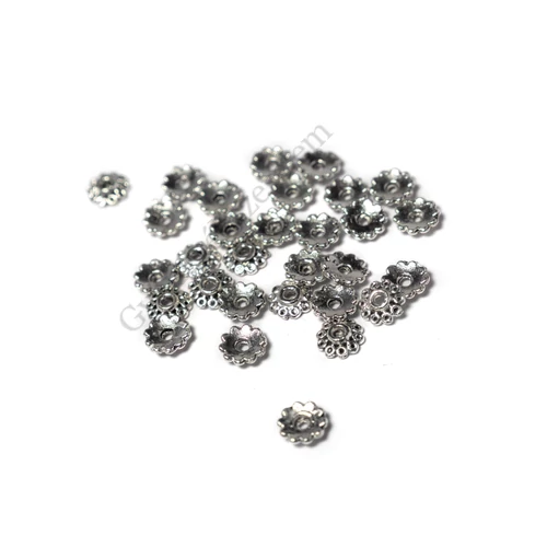 Virág gyöngykupak, antik ezüst színű, 6 mm, 20 db/cs