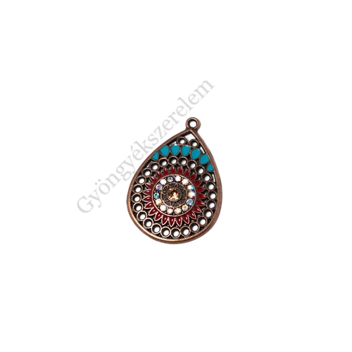 Festett, strasszköves csepp fityegő, medál, vörösréz színű, 33x22 mm