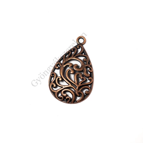 Mintás csepp fityegő, medál, vörösréz színű, 35x21 mm