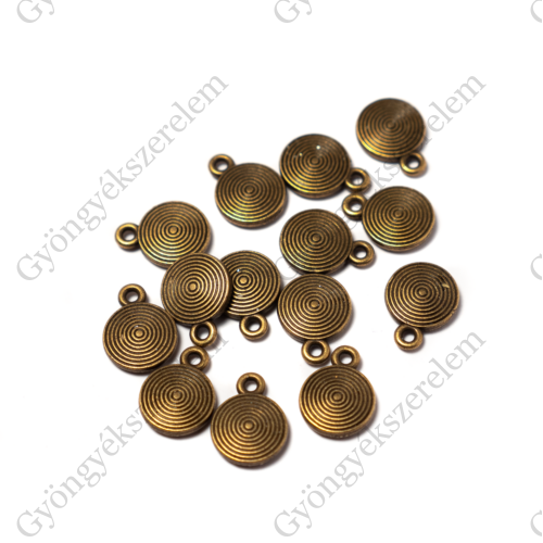 Kerek, mintás fityegő, medál, antik bronz színű, 12x9 mm