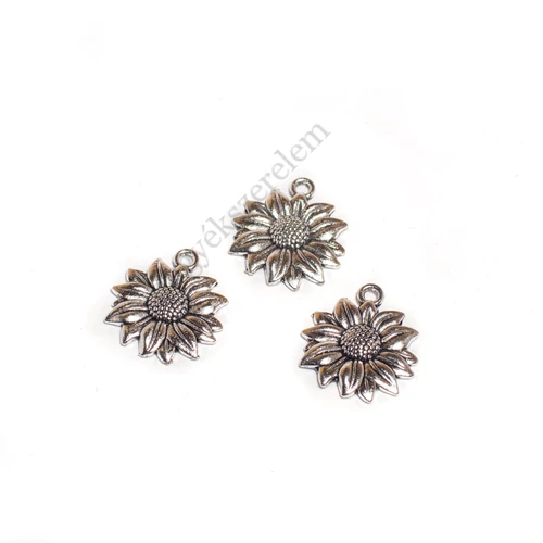 Virág, napraforgó fityegő, medál, antik ezüst színű, 21x19 mm