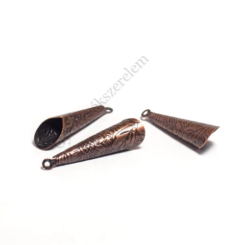 Mintás kúp gyöngykupak, végzáró, bojt kupak, bőr vég, vörösréz színű, 32x8 mm