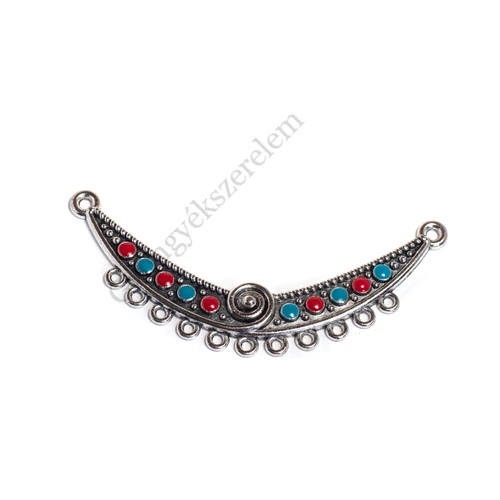 Kék, piros festett összekötő, medálalap, antik ezüst színű, 84x30 mm