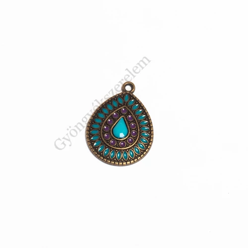 Türkiz és lila festett csepp medál, antik bronz színű, 25x19 mm
