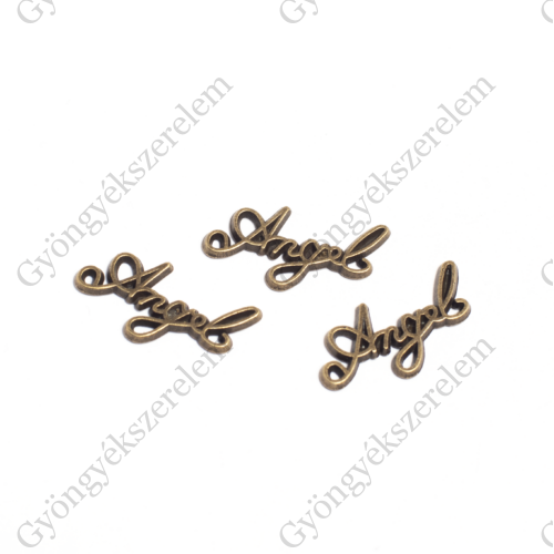 Angyal felirat összekötő, fityegő, medál, antik bronz színű, 22x14 mm