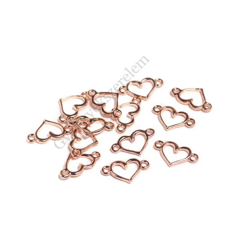 Szív összekötő, medál, karkötőalap, rózsa arany színű, 15x8 mm