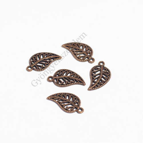 Levél fityegő, medál, vörösréz színű, 18x10 mm