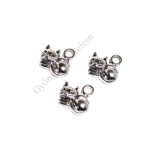 Cica, macska fityegő, medál, antik ezüst színű, 15x15 mm