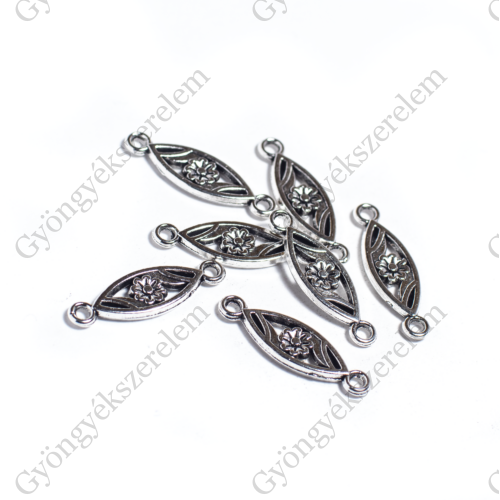 Virágos összekötő, fülbevalóalap, antik ezüst színű, 23x7 mm