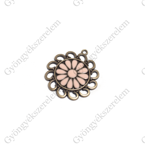 Rózsaszín festett virág medál, antik bronz színű, 32x28 mm