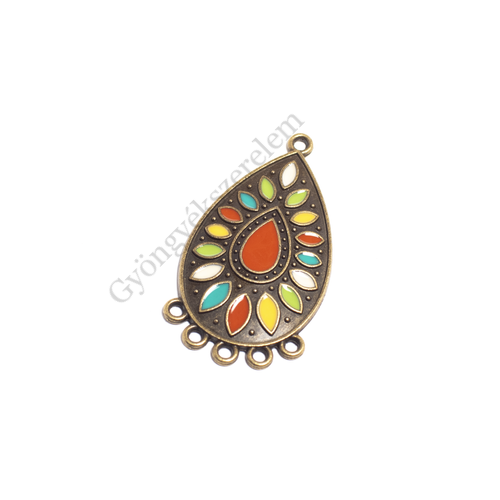 Színes, festett csepp medál, összekötő, fülbevalóalap, antik bronz színű, 35x19 mm