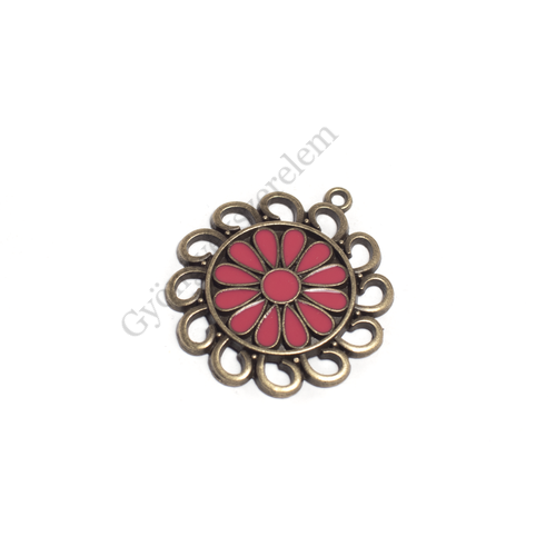 Sötét rózsaszín festett virág medál, antik bronz színű, 32x28 mm