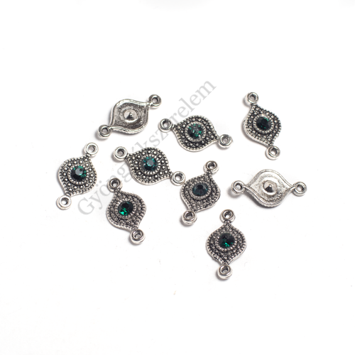 Összekötő zöld strasszkővel, antik ezüst színű, 16x8 mm