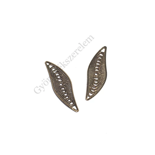 Levél fityegő, medál, összekötő, antik bronz színű, 33x11 mm