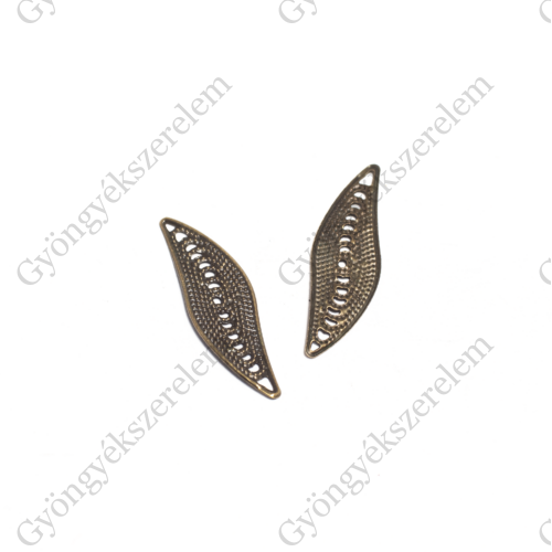 Levél fityegő, medál, összekötő, antik bronz színű, 33x11 mm