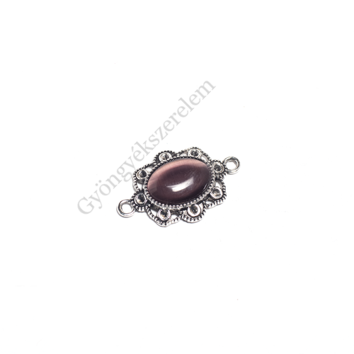 Ovális összekötő, lila macskaszem kabosonnal, antik ezüst színű, 29x18 mm