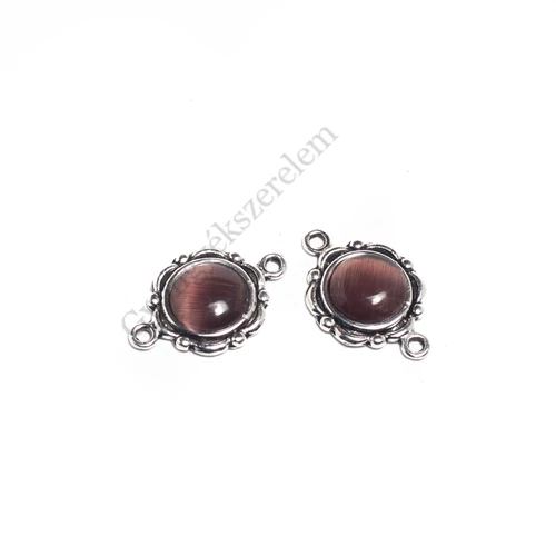 Összekötő lila macskaszem kabosonnal, antik ezüst színű, 23x15mm