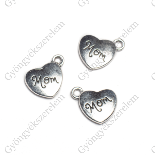 Mom, anya feliratos szív fityegő, medál, antik ezüst színű, 18x14 mm