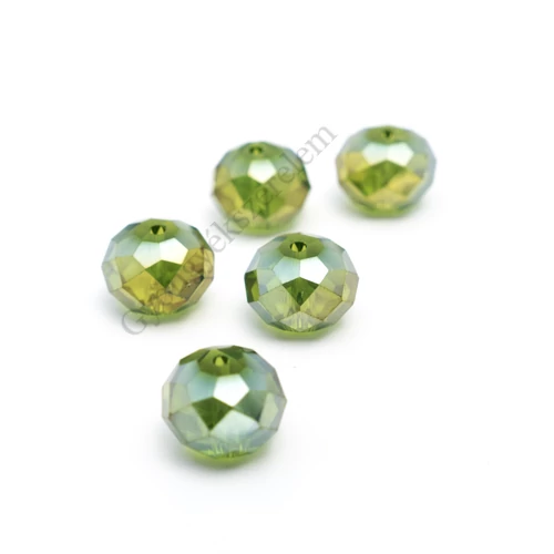 Olíva zöld színjátszó csiszolt üveg gyöngy, fánk, abakusz, 12x8 mm